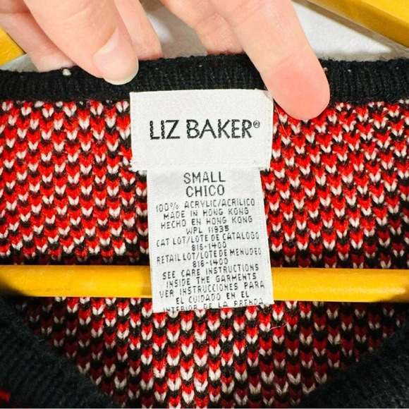 Vintage Liz Baker Plaid Red White Black Heavy Knit Cardigan Embellished Buttons - Picture 6 of 8